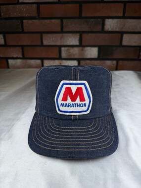 RARE Vintage Marathon Petroleum Oil Denim Snap Back Hat Cap